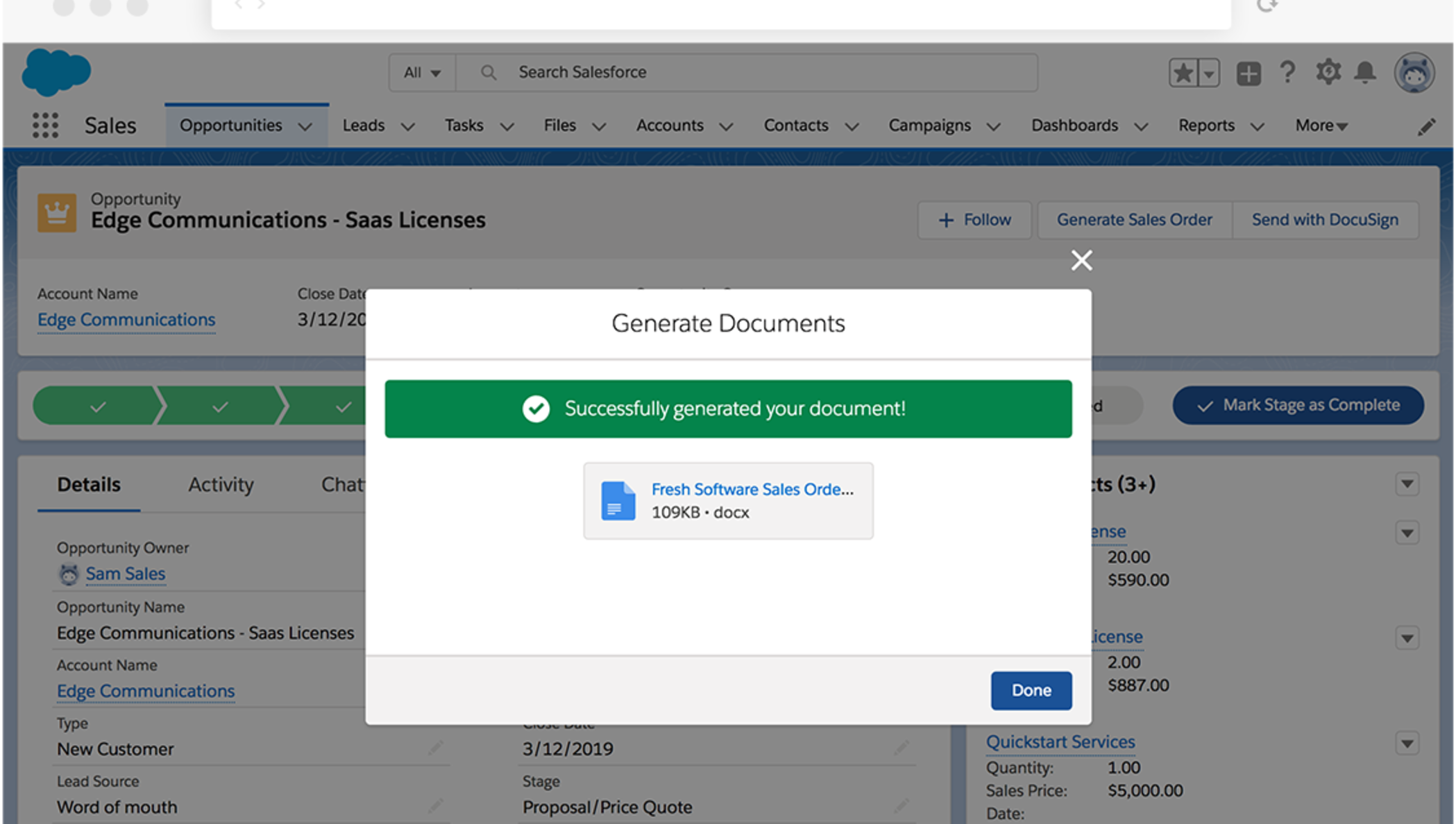  Um pop-up na interface do Salesforce avisa que "Gerou seu documento com sucesso!"